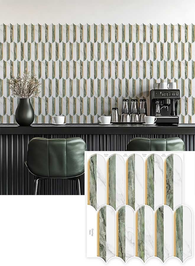 رَوَائِد ملصقات بلاط حائط فينيل ثلاثي الأبعاد بتصميم رخام أبيض وأخضر فاتح، مقاس 10×10 بوصة (5 قطع)، بلاط لاصق ذاتي بتقنية التقشير واللصق بقوة التصاق أقوى 5 مرات، مقاوم للماء، مناسب كخلفية للمطبخ والحمّام وتزيين الجدران. - Image 1